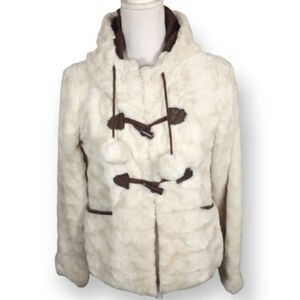 YOKI GIRLS CREAM & BROWN FAUX FUR HOODED JACKET W/POM POMS SZ.M GUC